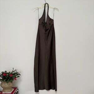 Zara Maxi Satin Slip Halter Dress Medium Chocolate Brown